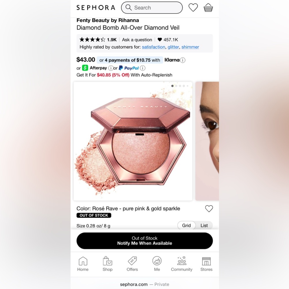 FENTY DIAMOND BOMB ALL-OVER DIAMOND VEIL - ROSÉ RAVE 0.28oz (BRAND NEW IN BOX)